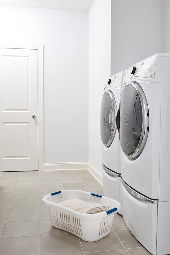 Rubbermaid Large Hip-Hugger Laundry Basket/Hamper, 1.5-Bushel, White, Stackable Storage Bin/Organizer for Bathroom/Bedroom/Dorm/Home