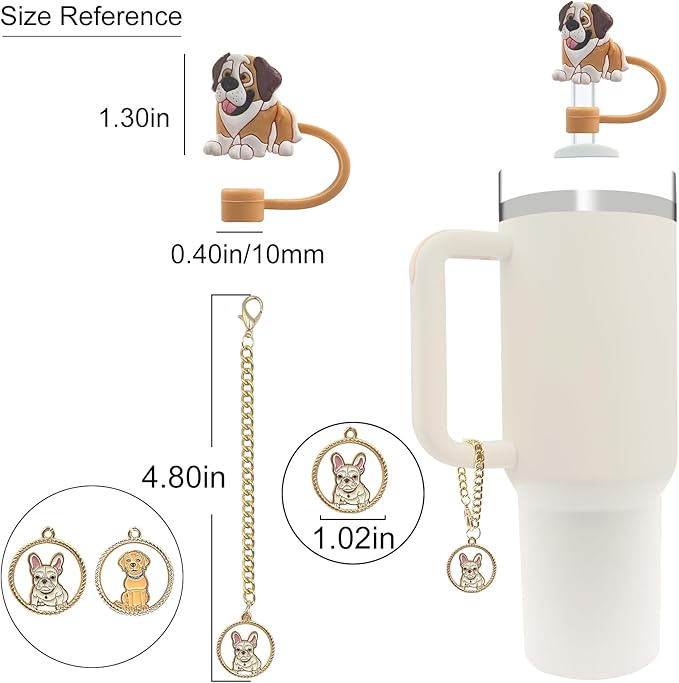 Velaco (5+2) 5PCS 0.4in/10mm Diameter Silicone Straw Covers Compatible with Stanley 20 30&40 Oz Cup and 2 PCS Dog Charm Accessories with Chains for Stanley 20 30 40 oz Tumbler with Handle