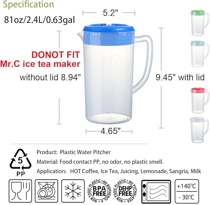 2.5 Litre Plastic Pitcher with Lid (DONOT FIT MR Coffee ICE TEA MAKER!) BPA-FREE Eco-Friendly Carafes Mix Drinks Water Jug for Hot/Cold Lemonade Juice Kettle (Navy, 81oz)