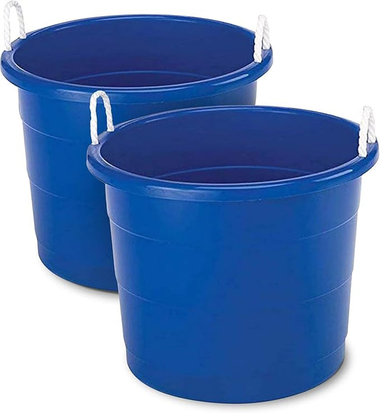 HOMZ 2-Pack Utility Tub, Large Plastic Storage Bucket with Rope Handles, 17 Gallon, Blue - Portable Indoor and Outdoor Buckets for Kitchen, Laundry, Garden, Bathroom, and Garage Organization