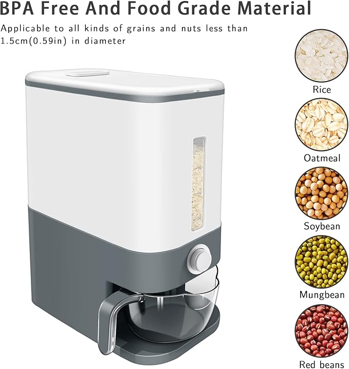 22-25 Lbs Rice Dispenser, Large Cereal Dry Food Storage Containers with Measuring Cup,BPA-Free Household for Kitchen Pantry Organization-Grey