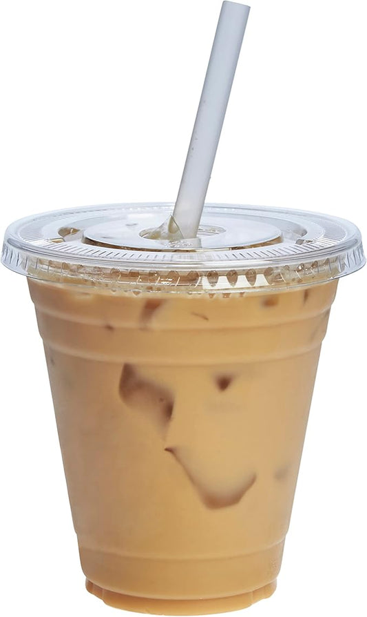 GUSTO Clear Plastic Cups with Flat Lids [12 oz - 50 Count] - Disposable Iced Coffee Cups with Lids - PET Plastic Cold Cups for Smoothies, Juices & To-Go Drinks - Formerly Comfy Package