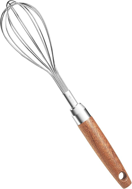 Stainless Steel Wire Whisk, Wooden Handle Kitchen Multi Function Non Stick Balloon Whisk Egg Beater for Blending Whisking, Beating, Frothing & Stirring Batters (10"L x 1.8"W)