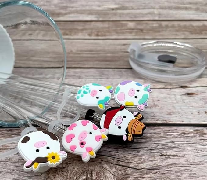 Straw Cover Cap for Stanley Cup 30 Oz 40 Oz Tumblers - 10mm Cute Cow Straw Tips Covers,Silicone Straw Toppers, Funny Animals Straw Covers Cap Plugs,Anti-dust Straw Tip Drinking Straw Tips Lids