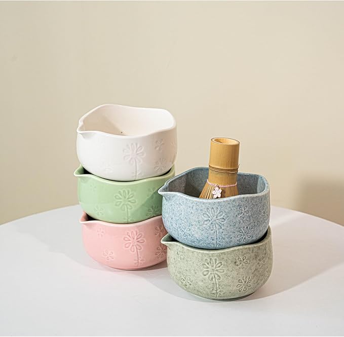 8 Pcs Matcha Whisk Set, Ceramic Matcha Bowl, Whisk and Holder, Bamboo Scoop and Powder Spoon, Scoop Rest, Sifter and Tea Towel, Matcha Set with Cherry Blossom Carved Patterns for Matcha Lovers (Pink)
