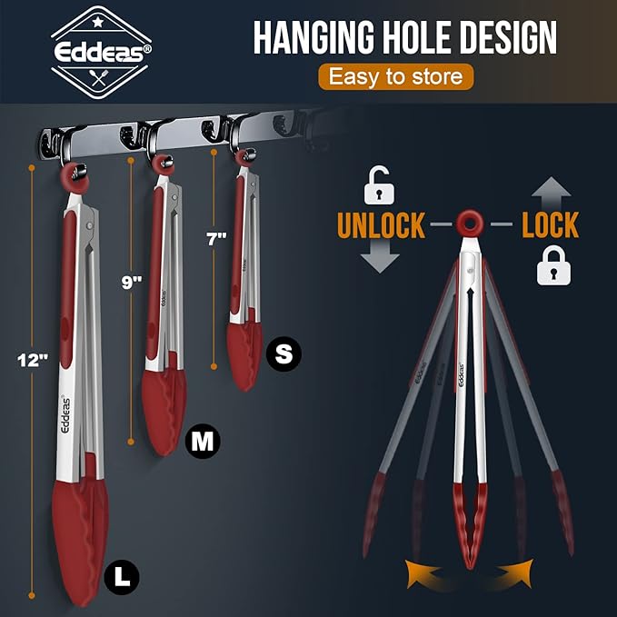 Tongs For Cooking - 7",9" and 12 inch Kitchen Tong with Silicone Tip,Heat Resistant 600 Degrees Metal Locking Tongs - for cooking,Salad and Barbecue,Red Set of 3