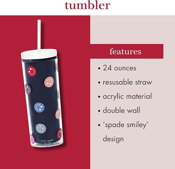 kate spade new york Acrylic Tumbler with Lid and Straw, 24 oz Tumbler, Slim Double Wall Tumbler (Spade Smiley)