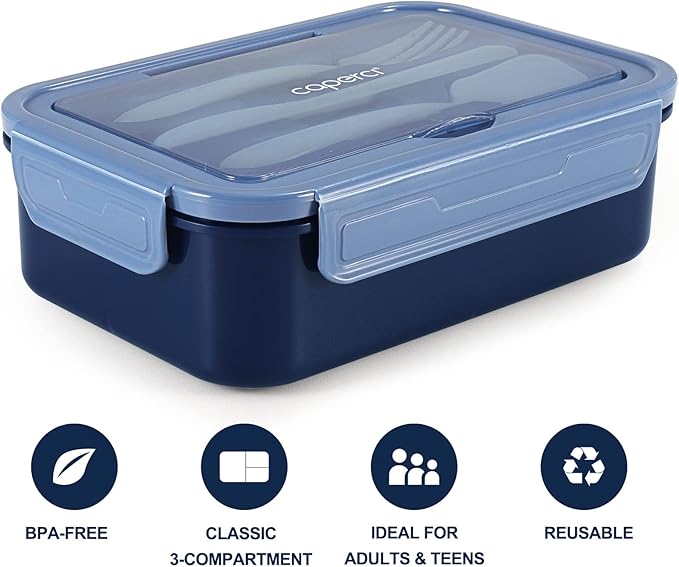 Caperci Classic Bento Box Adult Lunch Box for Older Kids - Leakpoof 47 oz 3-Compartment Containers for Adults and Teens, Built-in Utensil Set, Ideal for On-the-Go Balanced Eating, Navy Blue