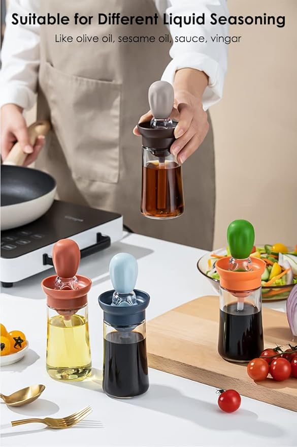 Oil Dispenser with Brush - 2 Pack Glass Olive Oil Dispenser Bottle with Basting Brush for Cooking Frying Baking Kitchen 180ml, T-OB21 Blue+Red