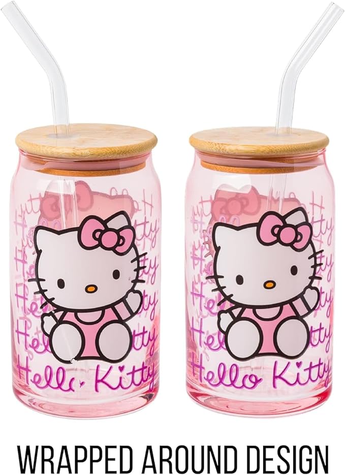 Silver Buffalo Sanrio Hello Kitty Waving Pink Glass Jar Tumbler with Bamboo Lid and Glass Straw, 16 Ounces