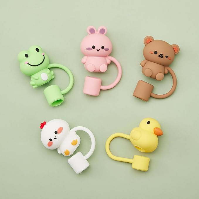 5PCS Straw Cover Cap for Stanley Cup, Silicone Cute Animal Straw Topper for Stanley 30&40 Oz Tumbler with Handle, 10mm 0.4in Dust-Proof Reusable Straw Tips Lids.(Color 1)