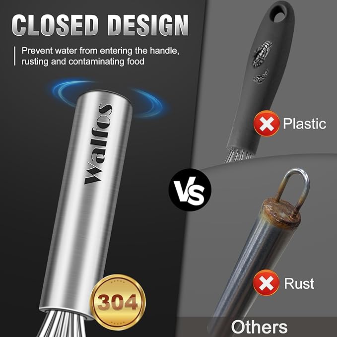 Walfos Whisk,304 Stainless Steel whisk,No-Rust 7+9+11inch Whisks for cooking Nice for Blending,Whisking,Beating.Heat resistant 600°F Dishwasher Safe. Heavy duty kitchen whisk.17.7+22.8+27.9cm -SILVER