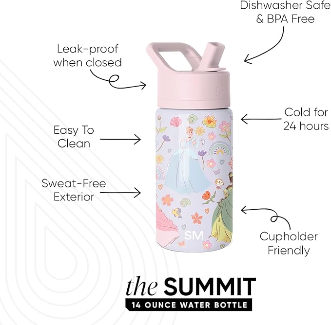 Simple Modern Kids Summit Water Bottle with Straw Lid | Disney 14oz Stainless Steel Cup Insulated Tumbler for Girls, School | Princess Tapestry