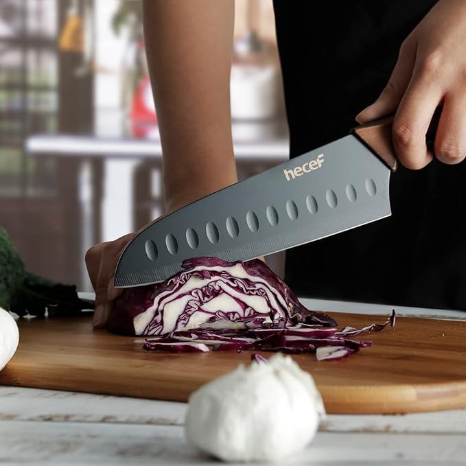 hecef Vintage Kitchen Knife Set, Stainless Steel Non-stick Black Coated Knives with Extra Sheaths, Includes Chef, Bread, Santoku, Utility and Paring Knife