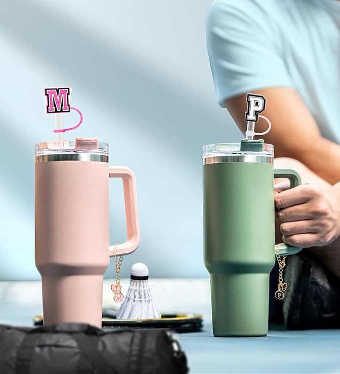 （3 +3) Nuozme Straw Cover Compatible with Stanley Tumbler Cup 3PCS Letter Straw Caps Toppers with 3 Initial Butterfly Charms Name ID For Stanley 30&40 Oz Cup