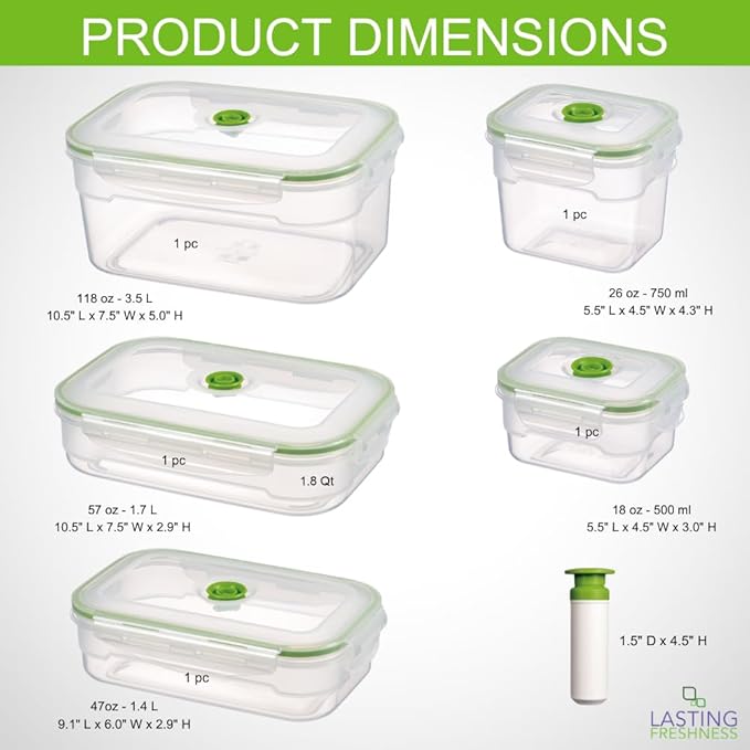 Lasting Freshness BPA-Free Plastic Vacuum Seal Containers with Hand Pump – Airtight Food Storage, Meal Prep & Pantry Organization, Preserves Freshness 5X Longer, 11-Piece Set