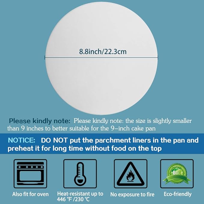 Baking Parchment Circles, Set of 100, 9 Inch Non Stick Round Parchment Paper for Springform Cake Tin, Toaster Oven, Microwave and so on