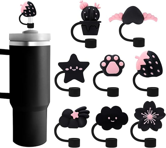 Black Straw Covers Cap for Stanley Cup, 8 Pcs Straw Toppers for Stanley 30&40 Oz Tumbler, Cute Straw Caps Reusable Straw Tips Protectors for 0.4 Inch/10 mm Stanley Cup Accessories