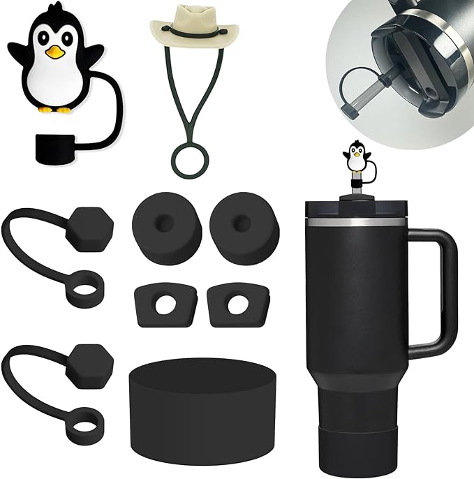 Stanley Cup Accessories Set: Silicone Spill Proof Stopper, Straw Cover Cap, Silicone Boot for 40oz & 30oz Tumbler (BLACK)