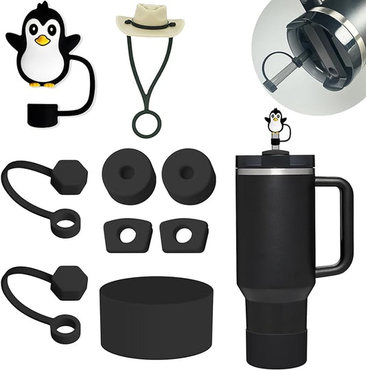 Stanley Cup Accessories Set: Silicone Spill Proof Stopper, Straw Cover Cap, Silicone Boot for 40oz & 30oz Tumbler (BLACK)