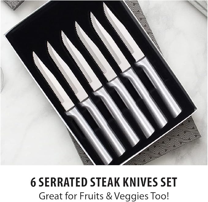 RADA Cutlery 6-Piece Serrated Steak Knife Gift Set (S6S), Stainless Steel Hollow Ground Blades, Made in USA, Silver Handles, Pack of 2