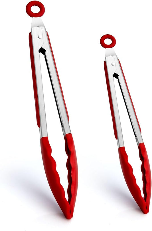 Kitchen Tongs 2 Pcs Tongs for Cooking 7 Inch 9 Inch Red Silicone Tongs Stainless Steel Locking Food Tong with Non-Slip Silicone Tips Heat Resistant Serving Tong for BBQ Grilling Salad Kitchen Utensil