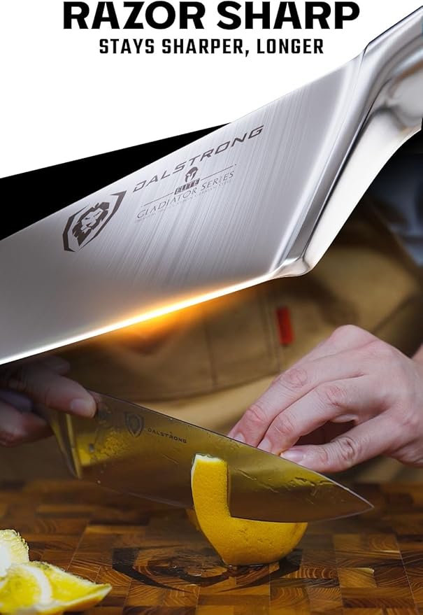 Dalstrong Chef Knife - 8 inch Blade - Gladiator Series - Forged High Carbon German Steel - Razor Sharp Kitchen Knife - Professional Full Tang Knives - Lilac Handle ABS - Sheath - NSF Certified