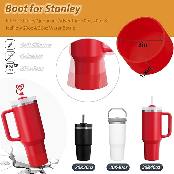 Stanley Cup Accessories Set Including 6 Pcs Silicone Spill Proof Stopper, 2 Pcs Straw Cover Cap for 9-10 mm Straws, 1 Pcs Silicone Boot for Stanley Cup 40oz & 30oz Tumbler (Chili)