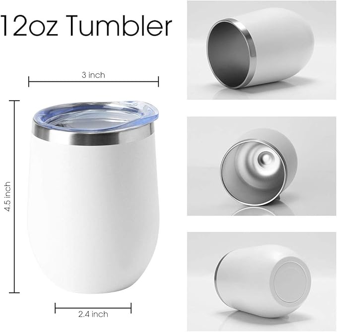 HASLE OUTFITTERS 12oz Wine Tumbler with Lid Stemless Wine Glasses Double Wall Vacuum Travel Mugs stainless steel Coffee Cup for Cold & Hot Drinks Wine Coffee Cocktails Beer 6 Pack White