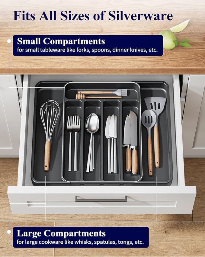 Kitsure Cutlery Drawer Organiser for Kitchen - Adjustable Cutlery Tray for Effortless Utensil Sorting, Versatile Kitchen Storage & Organisation Solution, 12.13" x 1.54" x 8.07"~13.90", Black