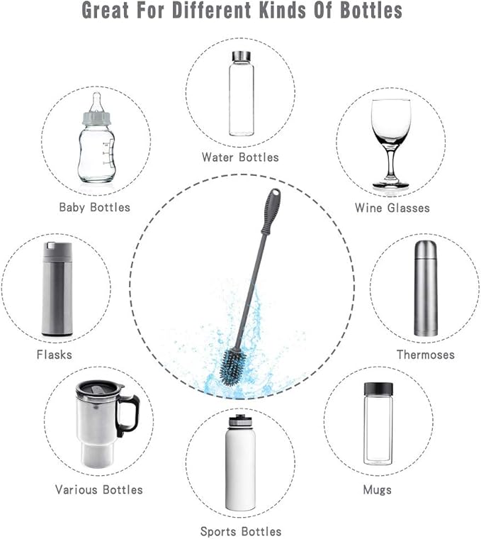 Silicone Bottle Cleaning Brush with Long Handle, 12.5" Water Bottle Cleaner for Baby Bottles, Hydro Flask, Sports Bottle, Vase, Glassware, Perfect for Smaller Diameter Bottle Openings (One Pack)
