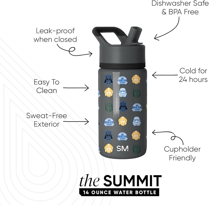 Simple Modern Kids Summit Water Bottle with Straw Lid | Star Wars 14oz Stainless Steel Cup Insulated Tumbler for Boys, School | Star Wars Helmets