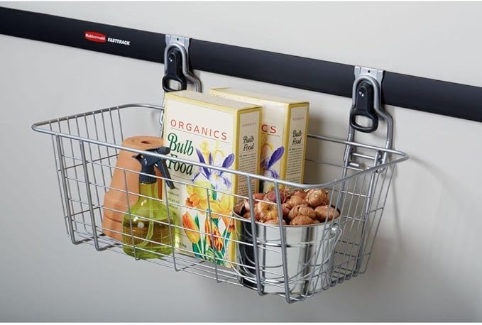 Rubbermaid Garage FastTrack Wire Mesh Basket Wall Mounted Storage System Holds up to 50 pounds Satin Nickel for Tool/Toy/Sports Equipment