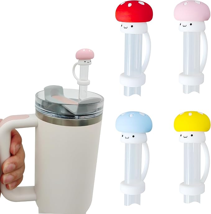4 Pack Silicone Straw Covers Cap for Stanley Cup 30 40 oz, Cute Mushroom Straw Topper, Accessories for Stanley Cup Tumbler, Christmas Gifts for Women
