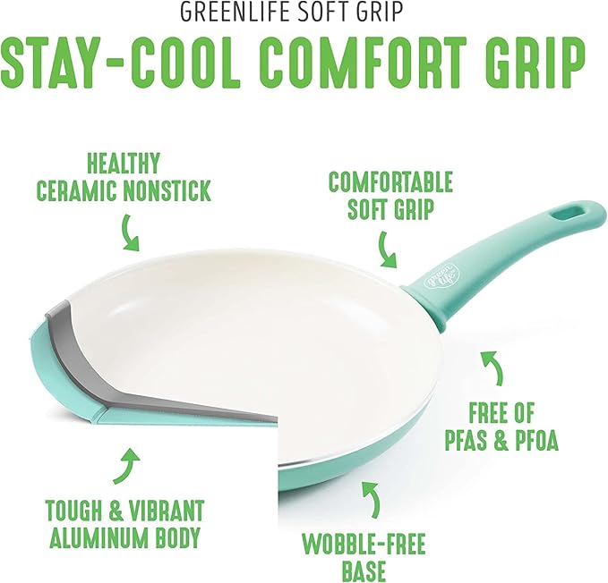 GreenLife Nonstick 8" Frying Pan Skillet, Non-Toxic PFAS-Free Ceramic Nonstick, Dishwasher & Oven Safe, Stay-Cool Handles, Wobble Free, Turquoise
