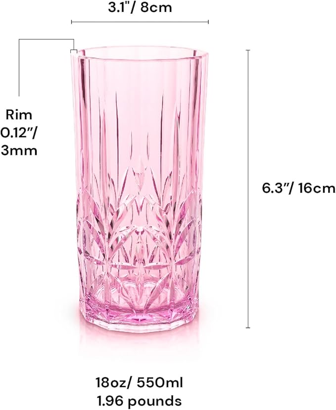 BELLAFORTE Shatterproof Tritan Tall Tumbler, Set of 4, 18oz - Myrtle Beach Drinking Glasses - Unbreakable Plastic Drinking Glasses for Gifting, Parties, New Year - BPA Free - Dishwasher Safe - Pink