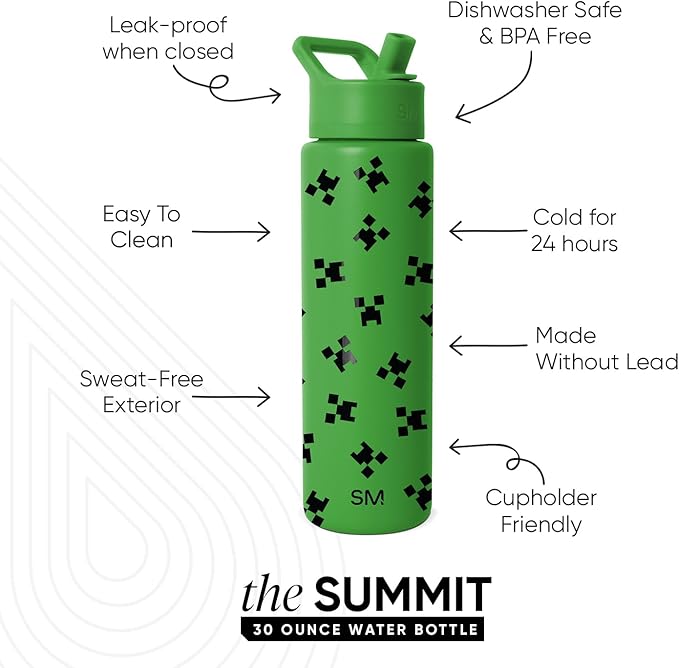 Simple Modern Summit Water Bottle with Straw Lid | Minecraft 30oz Leak Proof Stainless Steel Insulated Cup | Gifts for Men | Minecraft Creeper
