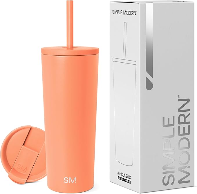 Simple Modern Insulated Tumbler with Lid and Straw | Iced Coffee Cup Reusable Stainless Steel Water Bottle Travel Mug | Gifts for Women Men Her Him | Classic Collection | 24oz | Clementine