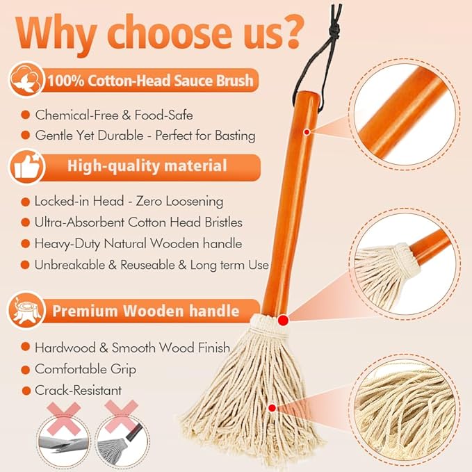 12" BBQ Sauce Basting Mops & Brushes for Roasting or Grilling, Apply Barbeque, Marinade or Glazing, Cotton Fiber Head and Hardwood Handle, Dish Mop Style, Perfect for Cooking or Cleaning - Pack of 3