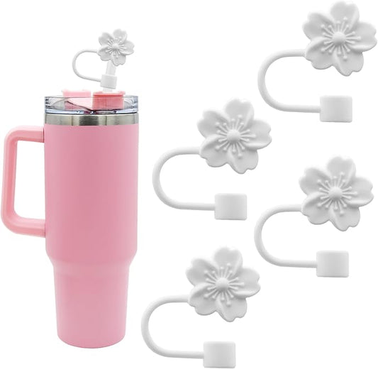 Flower Silicone Straw Cover Cap for Stanley Cup,Straw Topper 10mm 0.4in Dust-Proof Reusable Straw Tips Lids,Straw Tip Covers Gift for Party Decor (White Cherry blossom 4pcs)