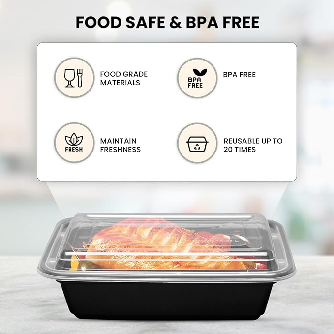 Klex 28 Oz, 50 Sets Meal Prep Containers with Airtight Lids, BPA Free, Reusable Plastic Food Container, 28 oz, Rectangular, Black/Clear, 50 Sets