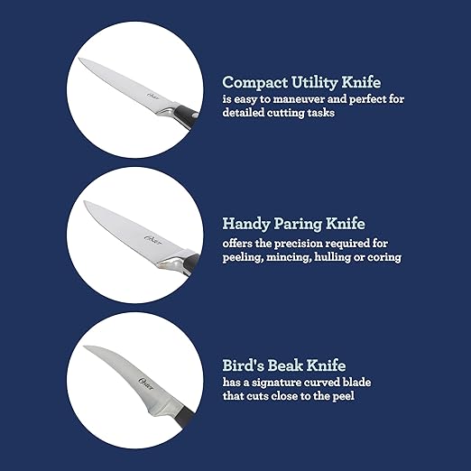 Oster Ginley 18 Piece High Carbon Stainless Steel Cutlery Kitchen Knife Block Set w/ABS Triple Riveted Forged Handle Wood Block - Black - Cuchillos Para Cocina