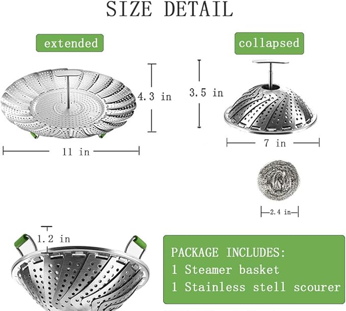 Steamer Basket, Veggie Steamer Basket for Cooking Stainless Steel Folding Vegetable Steamer Insert with Extending Removable Center Handle Expandable to Fit Various Size Pot(7" to 11")