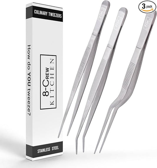 8-CREW KITCHEN Culinary Stainless Steel Tweezers, 6-inch Set of 3 Chef Precision Tongs for Plating, Decorating, Food Design, Bar and Multi-Purpose