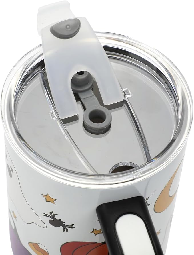 Bioworld Halloween Scary Icons 40 Oz Vacuum Insulated White Stainless Steel Tumbler with Handle & Leak-Proof Lid, Double-Wall Design for Hot or Cold Drinks