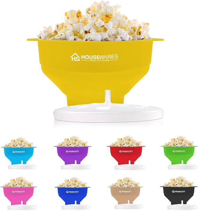 Collapsible Silicone Microwave Hot Air Popcorn Popper Bowl With Lid and Handles (Yellow)