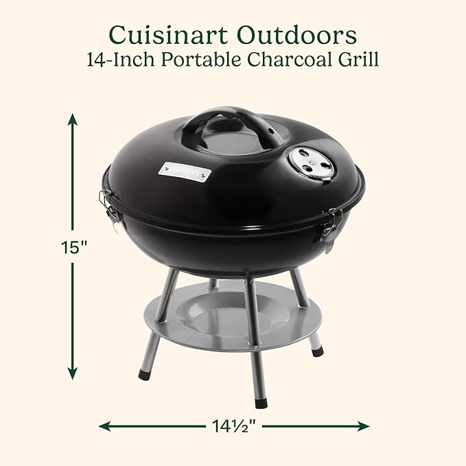Cuisinart 14" Portable Charcoal Grill, Tabletop Outdoor Small Grill with Locking Lid and Dual Vents, Chrome Plated Travel Size BBQ Perfect for Camping, Tailgates, Cookouts, Black