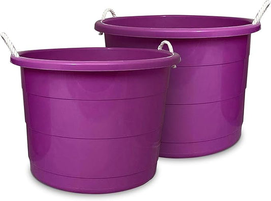 HOMZ 2-Pack Utility Tub, Large Plastic Storage Bucket with Rope Handles, 17 Gallon, Purple - Portable Indoor and Outdoor Buckets for Kitchen, Laundry, Garden, Bathroom, and Garage Organization