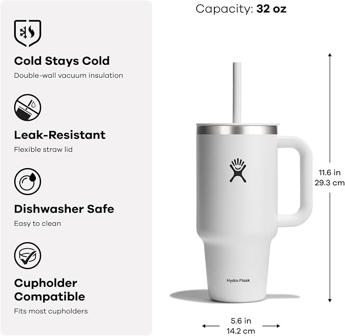 Hydro Flask Travel Tumbler with Handle, Lid and Straw - Insulated Stainless Steel in 32 Oz Black