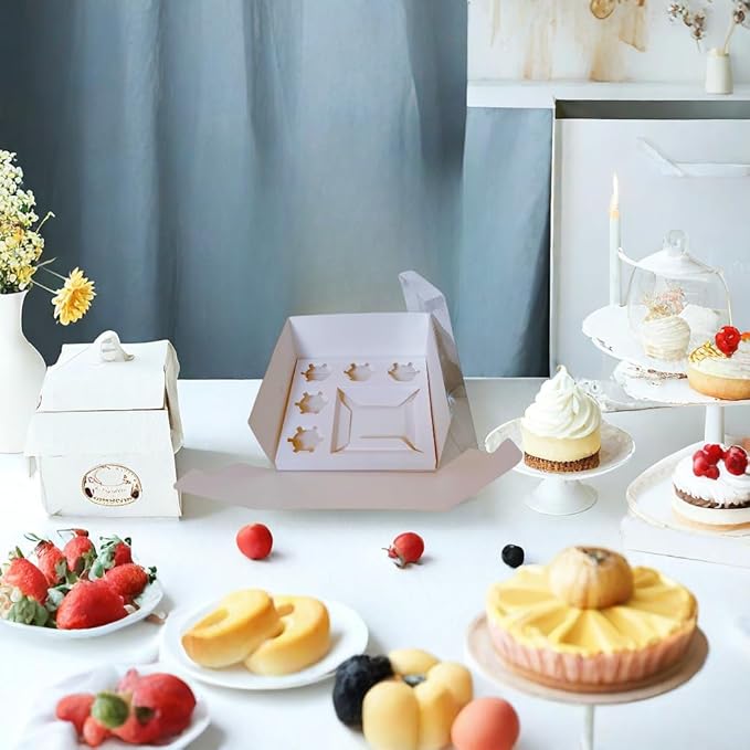 Bento Cake and Cupcake Box 10 sets 6-inch Cake and 5 Cupcakes Box Cake Box with Cupcake Insert Easy to Assemble Base for Family Birthday Party Mother's day (10 sets with cupcake), white